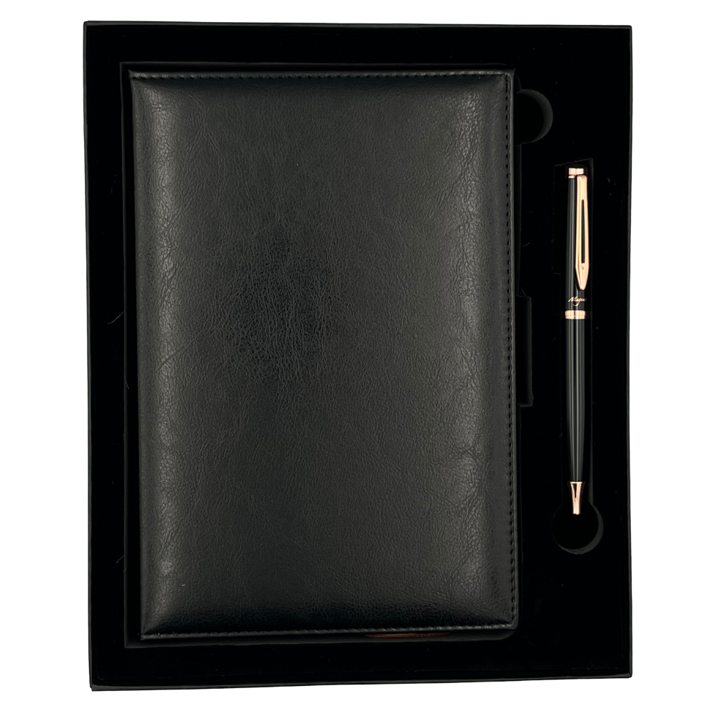 Set Regalo Agenda Eco Cuero Acolchado + Boligrafo Magnus Modelo Luminous Black &amp; Copper + Personalizado