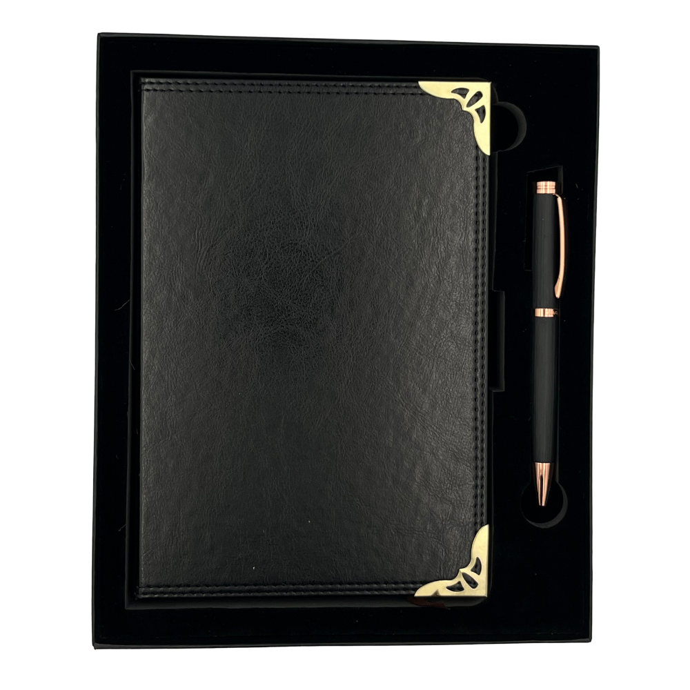 Set Regalo Agenda Eco Cuero Puntas Metálicas + Boligrafo Modelo New Allure Black &amp; Copper + Personalizado