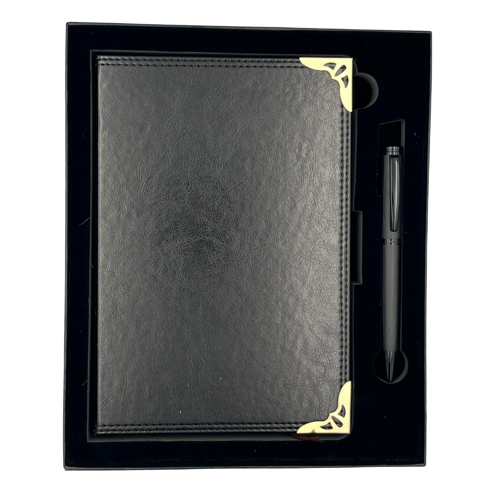 Set Regalo Agenda Eco Cuero Puntas Metálicas + Boligrafo Modelo New Allure Black + Personalizado