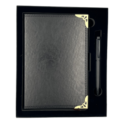 Set Regalo Agenda Eco Cuero Puntas Metálicas + Boligrafo Modelo New Allure Black + Personalizado