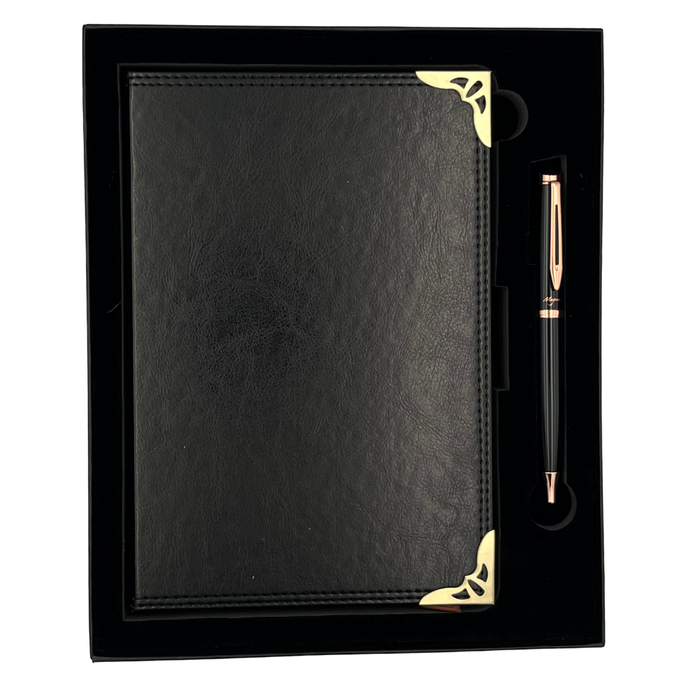 Set Regalo Agenda Eco Cuero Puntas Metálicas + Boligrafo Magnus Modelo Luminous Black &amp; Copper + Personalizado