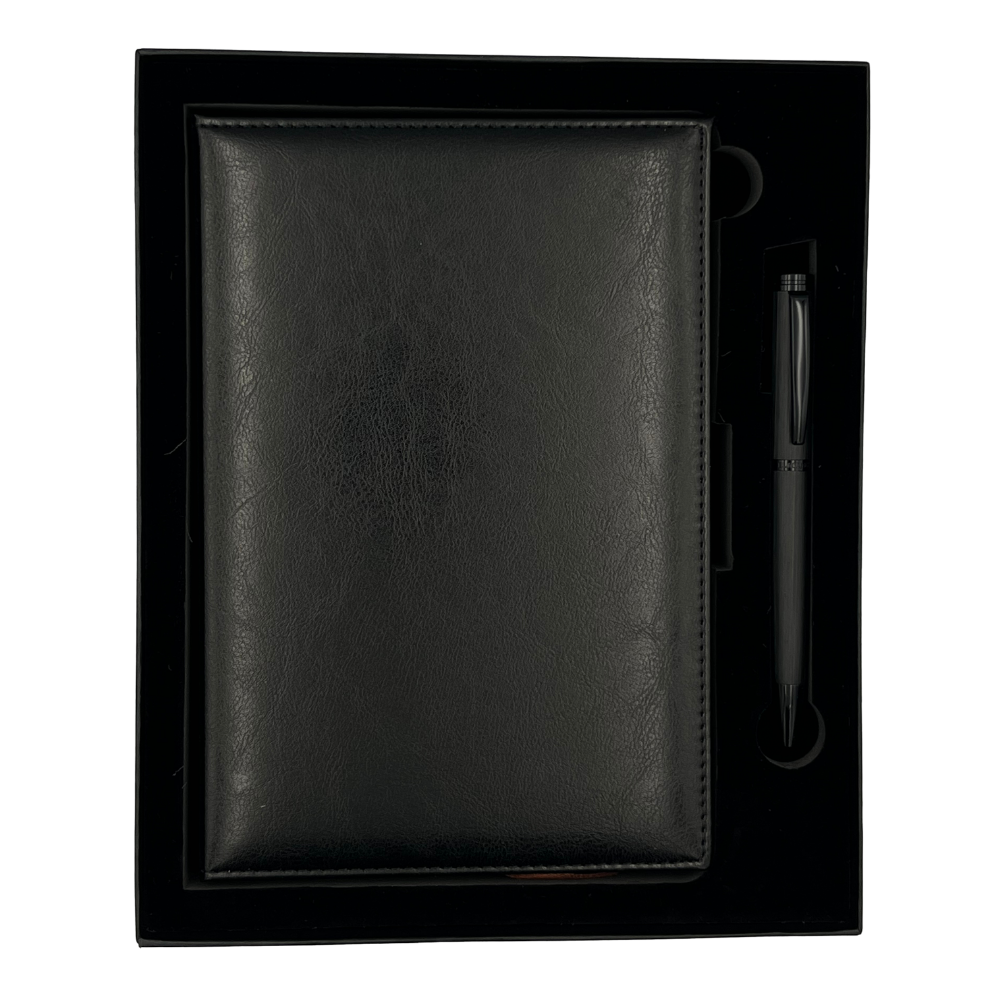 Set Regalo Agenda Eco Cuero Acolchado + Boligrafo Modelo New Allure Black + Personalizado